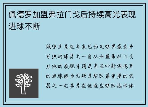 佩德罗加盟弗拉门戈后持续高光表现进球不断